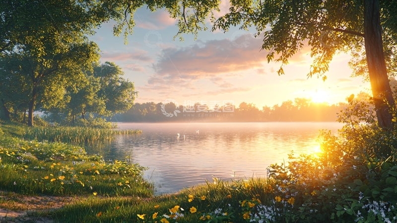 高清大图下载【趣麦麦图】清晨湖边树林日出