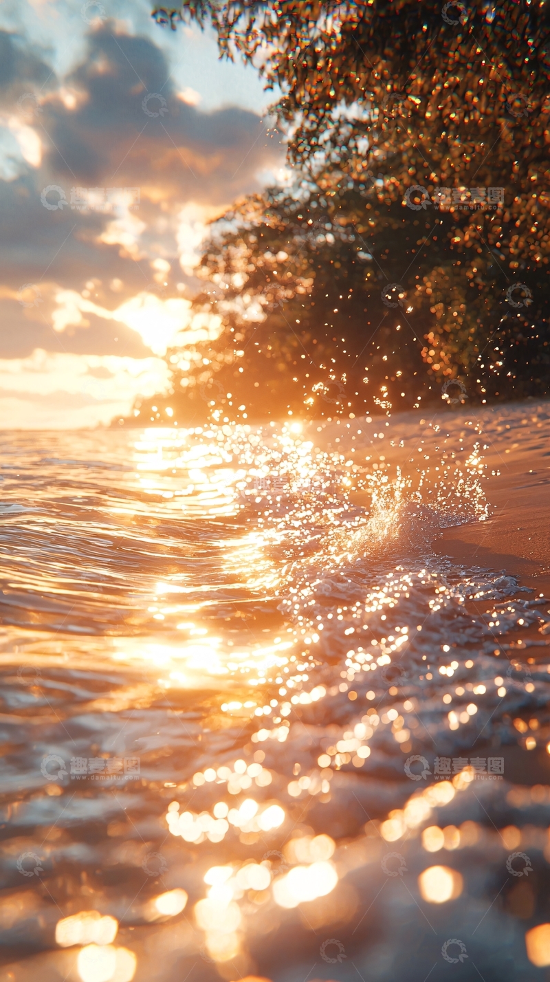 高清大图下载【趣麦麦图】日落海滩浪花