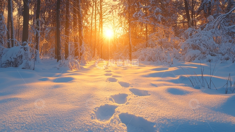 高清大图下载【趣麦麦图】冬日森林落日雪景