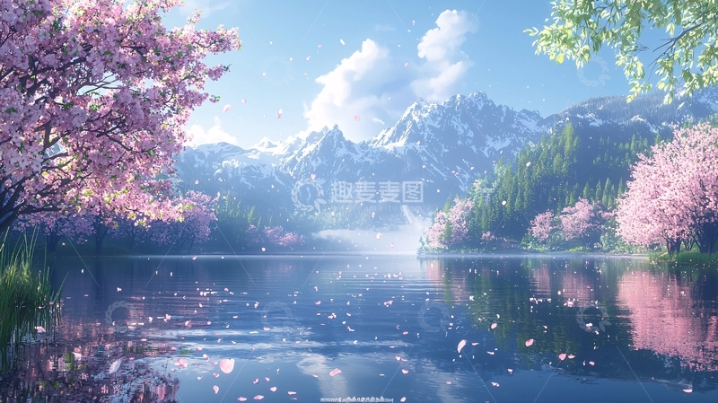 高清大图下载【趣麦麦图】春日樱花湖边雪山