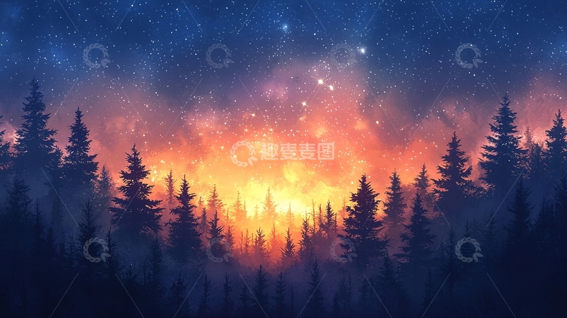 高清大图下载【趣麦麦图】星空下的森林剪影