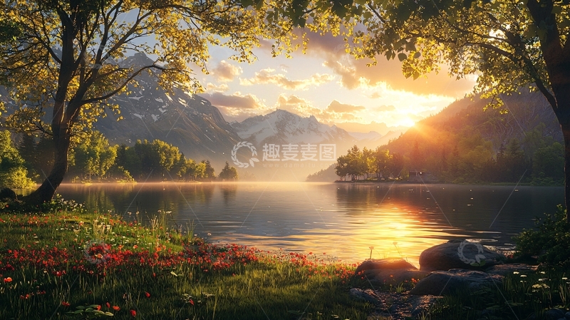 高清大图下载【趣麦麦图】清晨湖边山峦日出
