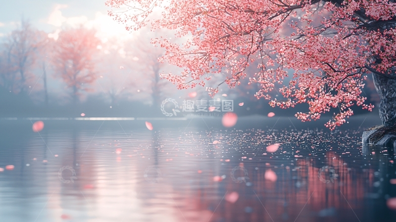 高清大图下载【趣麦麦图】粉红樱花湖边意境图