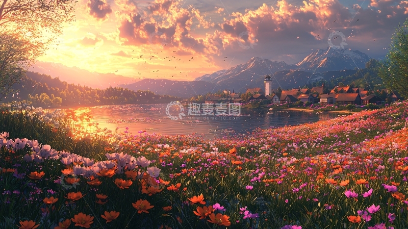 高清大图下载【趣麦麦图】落日余晖下的梦幻小镇