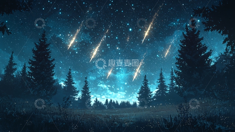 高清大图下载【趣麦麦图】夜晚星空森林流星雨