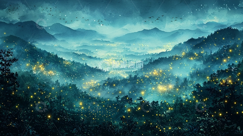 高清大图下载【趣麦麦图】萤火虫山谷夜景