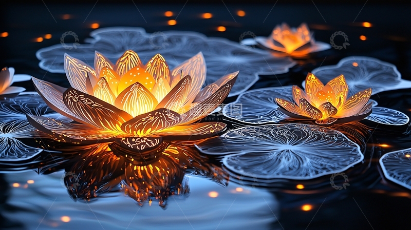 高清大图下载【趣麦麦图】水面莲花灯