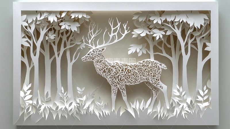 高清大图下载【趣麦麦图】森林鹿剪纸画