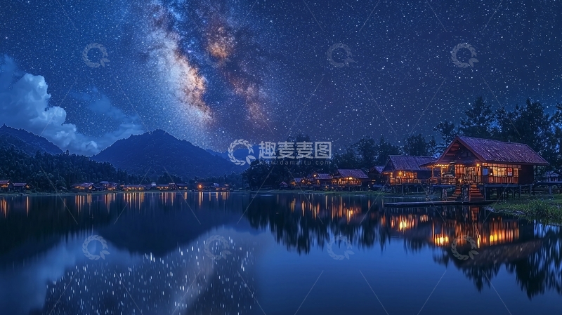 高清大图下载【趣麦麦图】星空下的湖边小屋