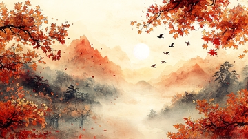 秋日山景水彩画