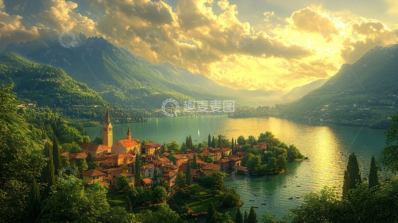高清大图下载【趣麦麦图】湖光山色小镇风光
