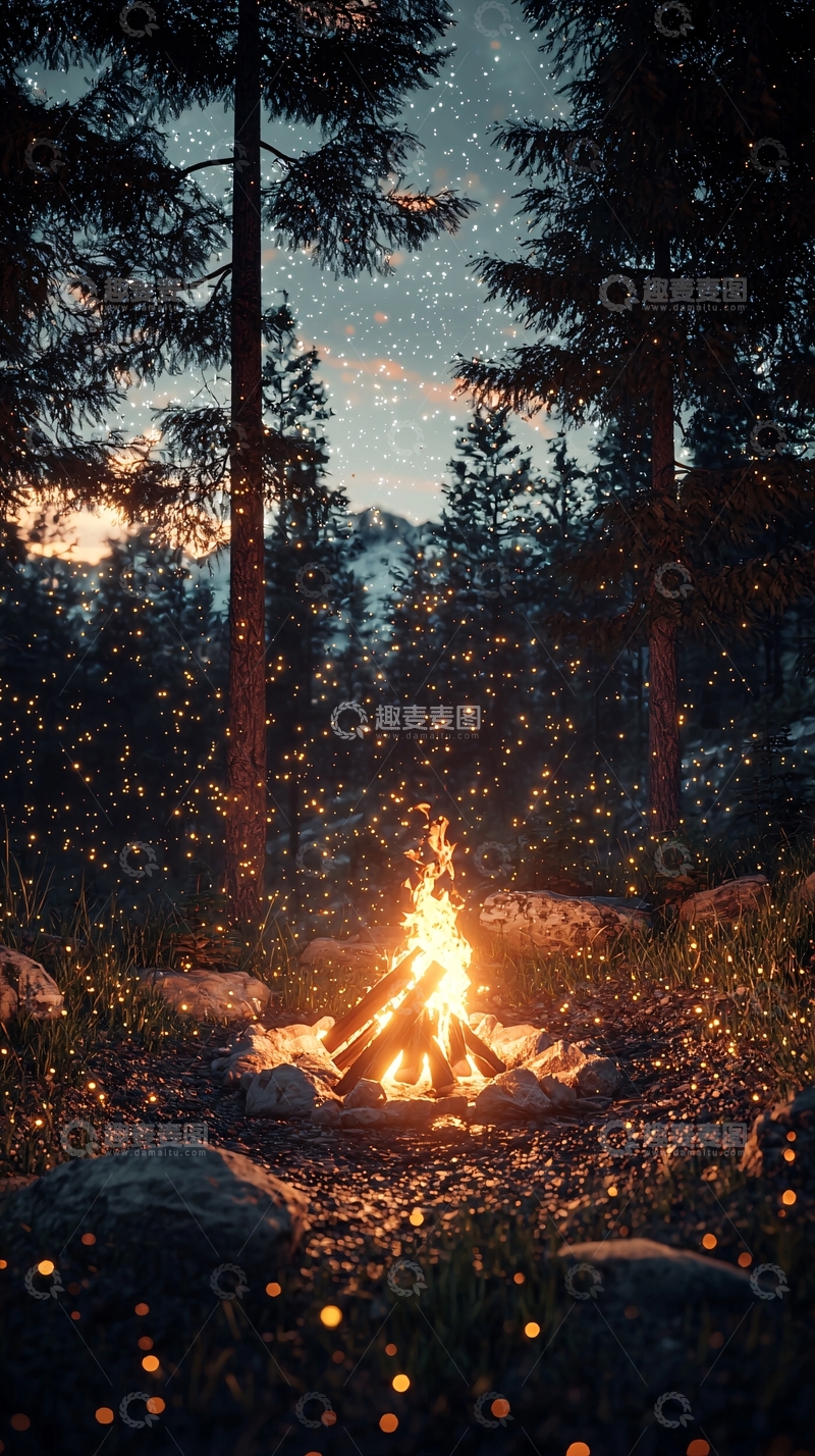 高清大图下载【趣麦麦图】夜晚森林篝火