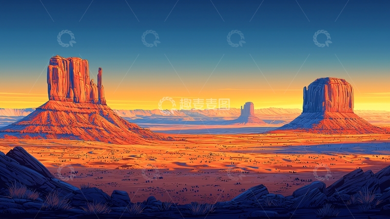 高清大图下载【趣麦麦图】夕阳下的红色岩石山谷