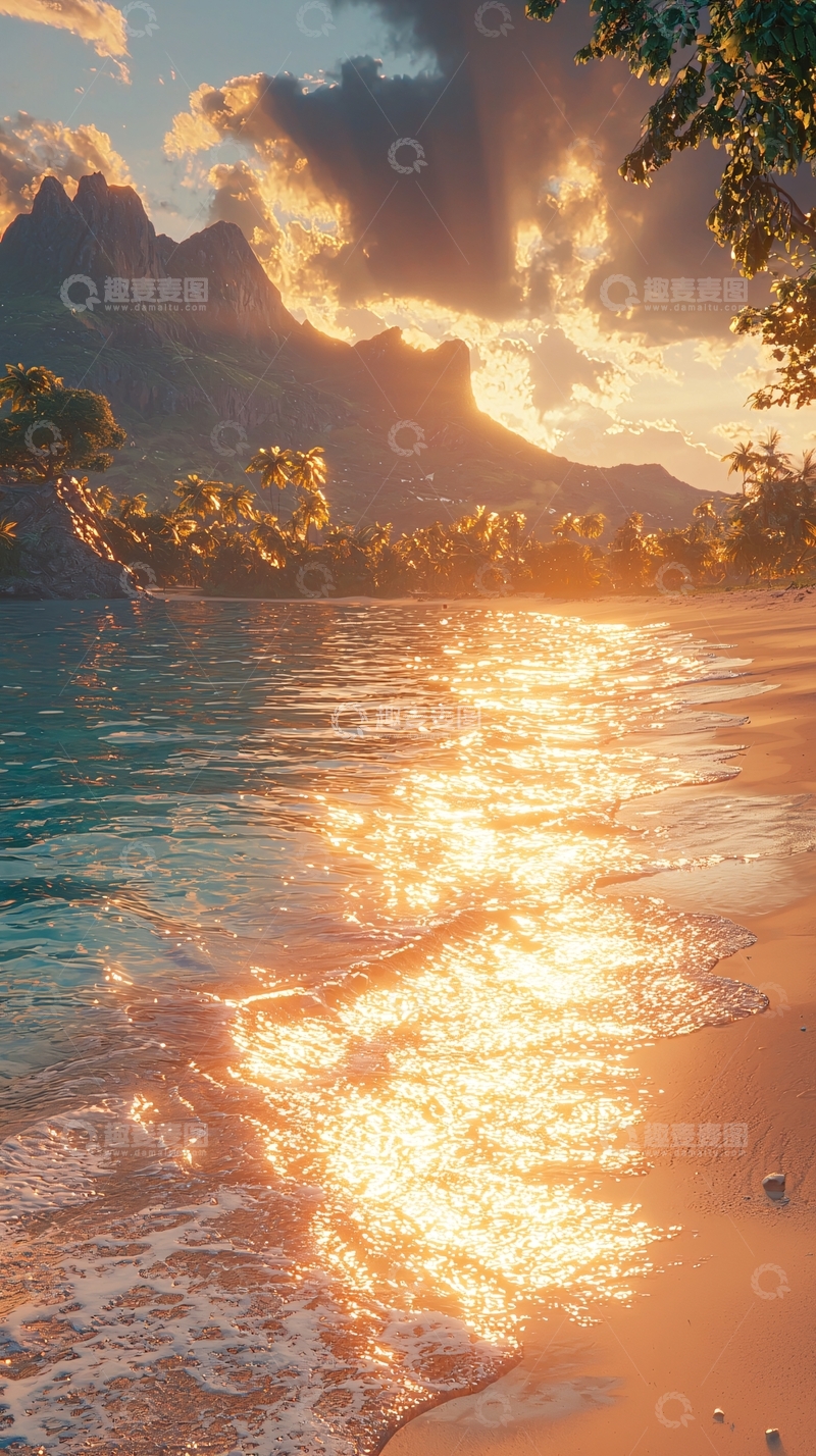 高清大图下载【趣麦麦图】日落海滩金色阳光