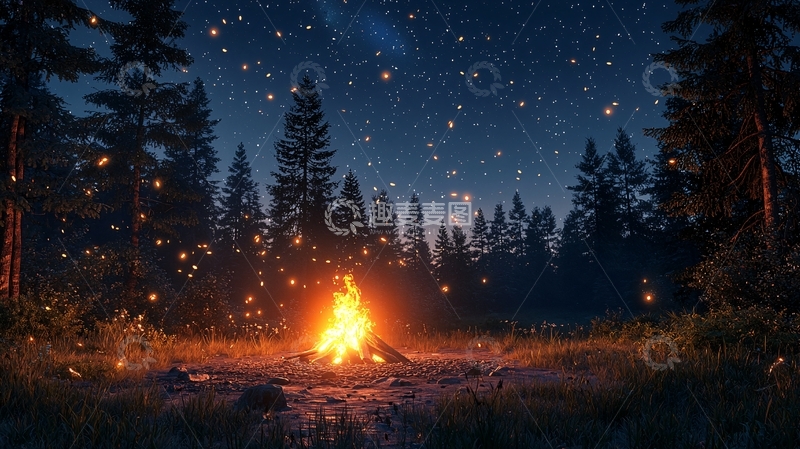 高清大图下载【趣麦麦图】夜晚森林篝火