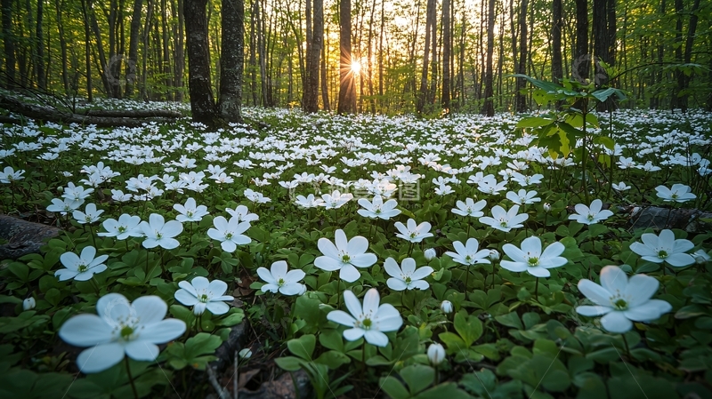 高清大图下载【趣麦麦图】森林夕阳白花