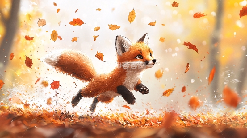 高清大图下载【趣麦麦图】小狐狸在秋叶中奔跑