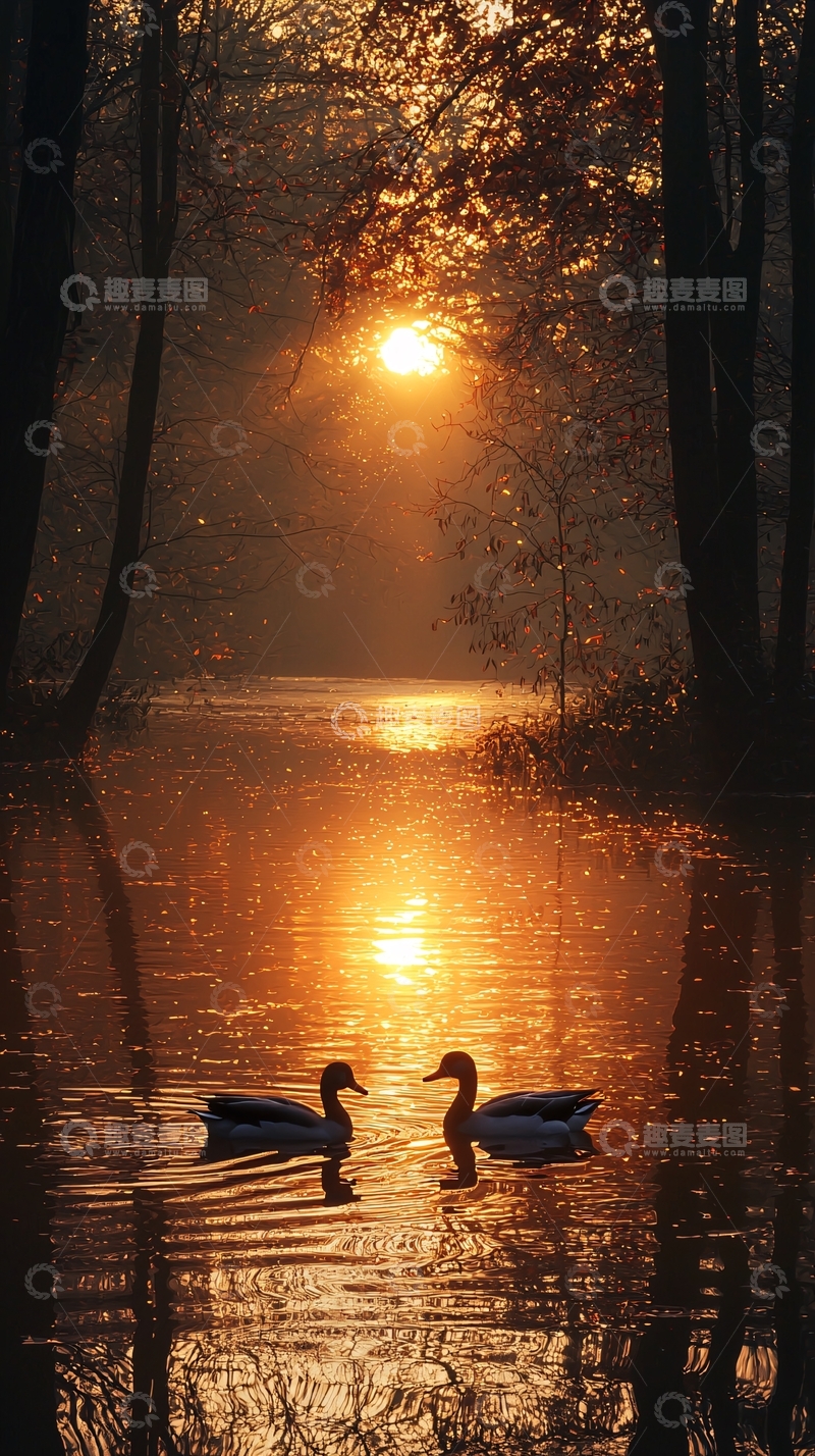 高清大图下载【趣麦麦图】日落黄昏湖边鸳鸯