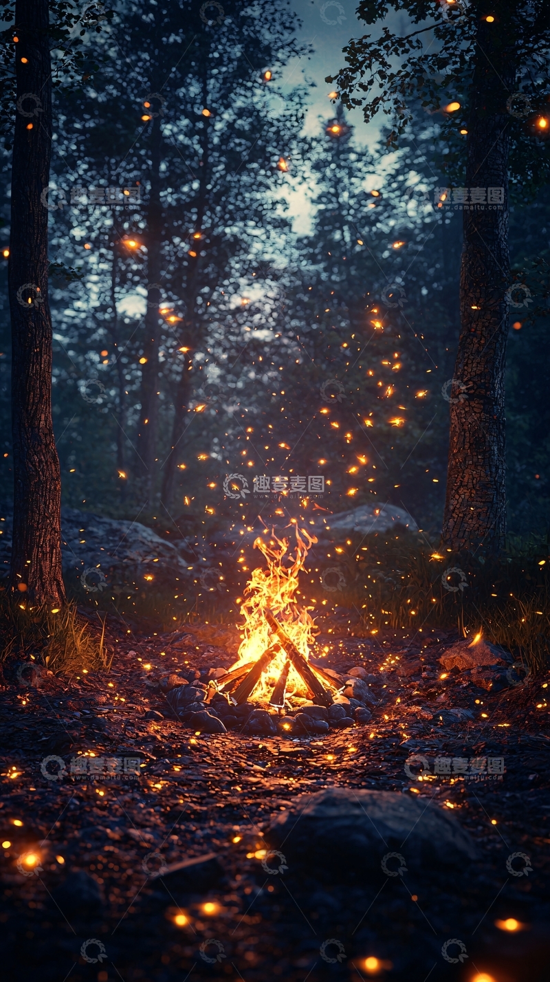 高清大图下载【趣麦麦图】森林篝火萤火虫