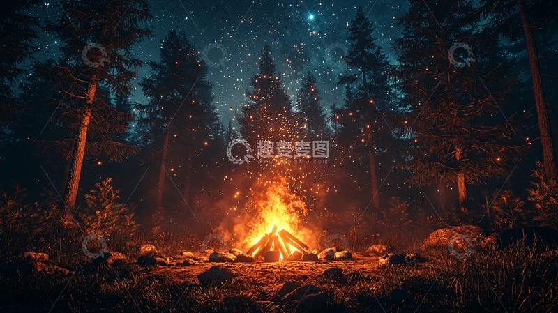 高清大图下载【趣麦麦图】星空下的森林篝火