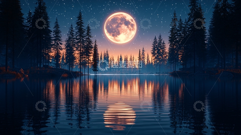 高清大图下载【趣麦麦图】森林湖泊满月夜景