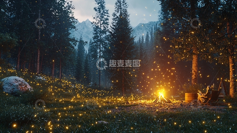 高清大图下载【趣麦麦图】夜晚森林篝火萤火虫