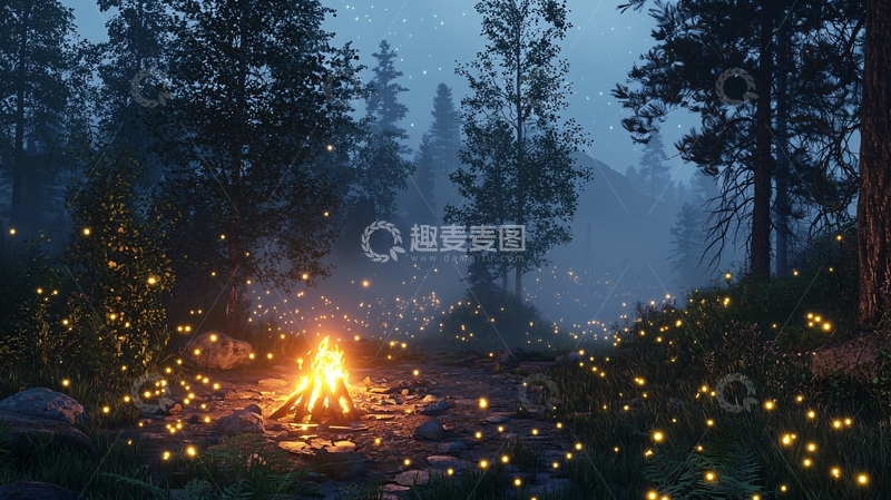 高清大图下载【趣麦麦图】夜晚森林篝火萤火虫