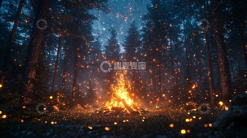 高清大图下载【趣麦麦图】森林篝火