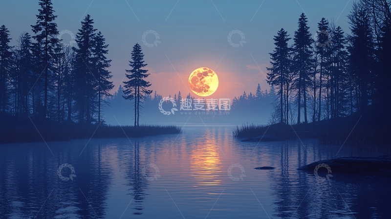高清大图下载【趣麦麦图】森林湖泊月夜
