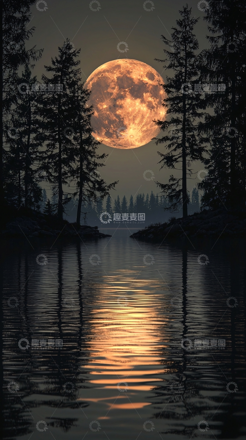 高清大图下载【趣麦麦图】月亮湖泊森林倒影