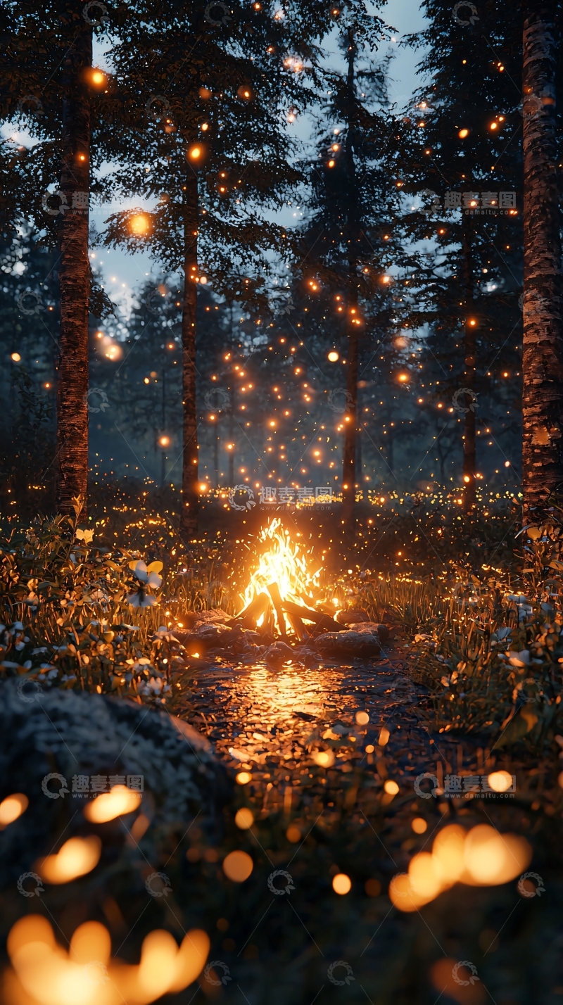 高清大图下载【趣麦麦图】萤火森林篝火夜色
