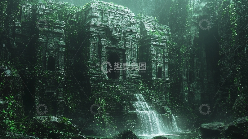 高清大图下载【趣麦麦图】丛林古寺瀑布