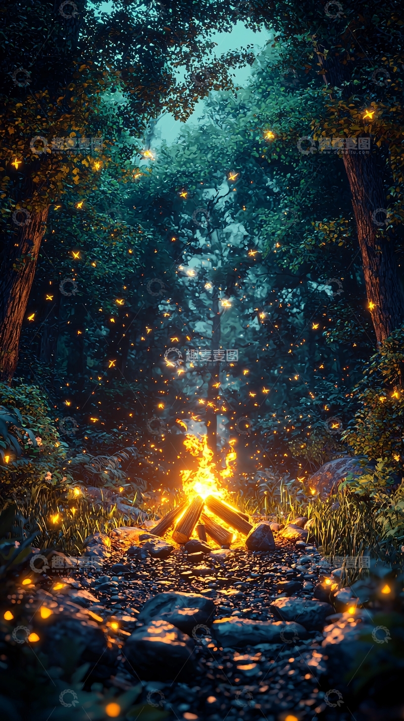 高清大图下载【趣麦麦图】萤火虫森林篝火