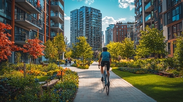 骑车穿梭于现代化社区绿道