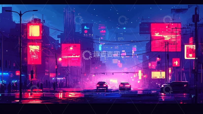 高清大图下载【趣麦麦图】霓虹灯下的雨夜城市