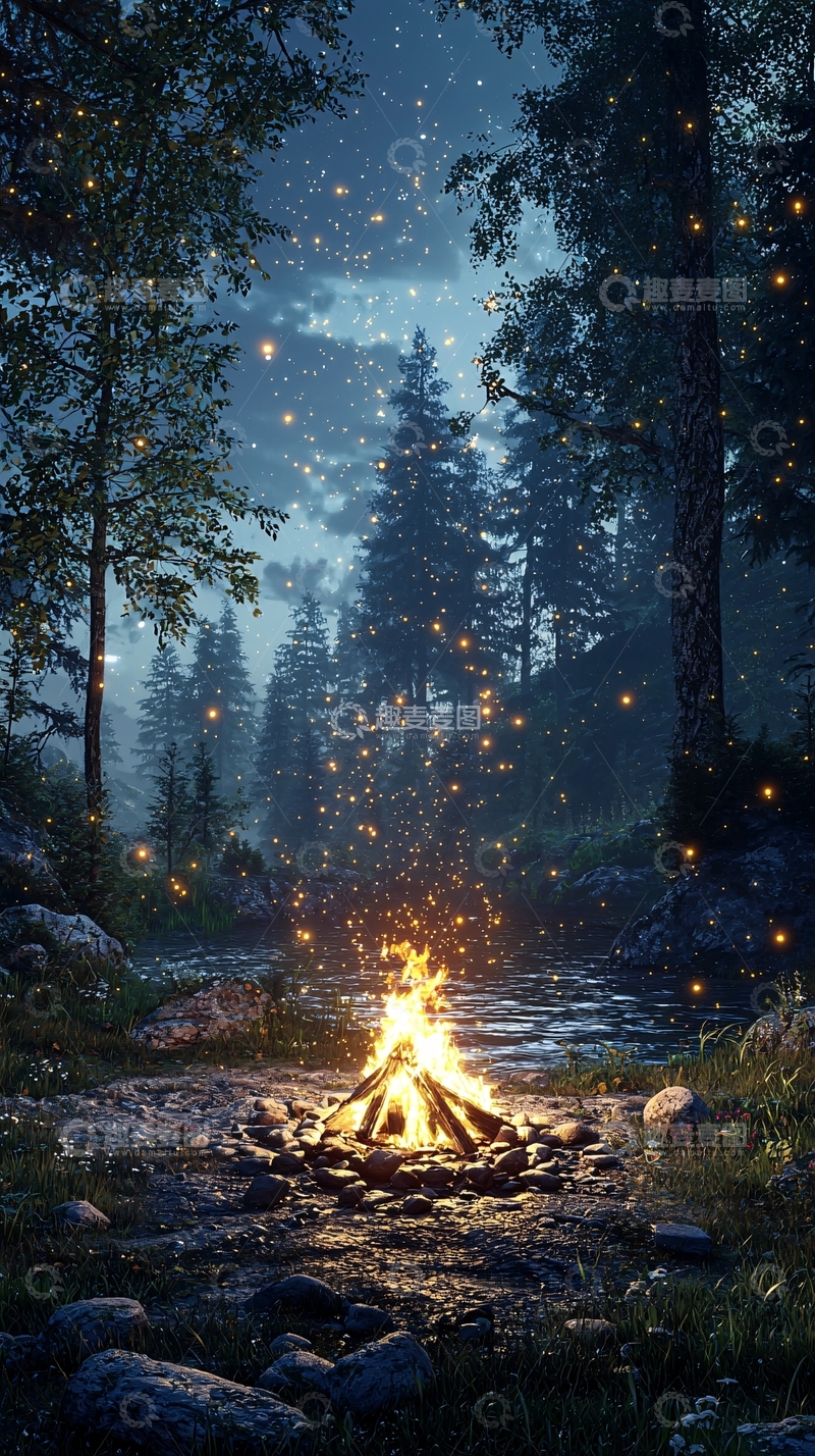 高清大图下载【趣麦麦图】夜晚森林篝火