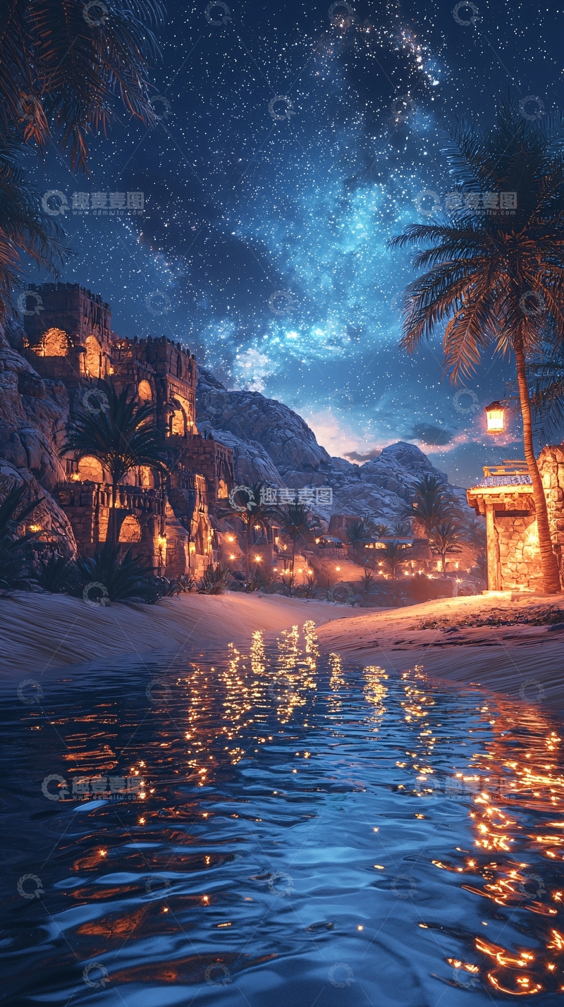 高清大图下载【趣麦麦图】夜晚沙漠小镇