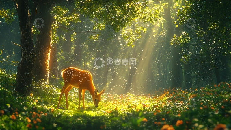 高清大图下载【趣麦麦图】森林小鹿阳光