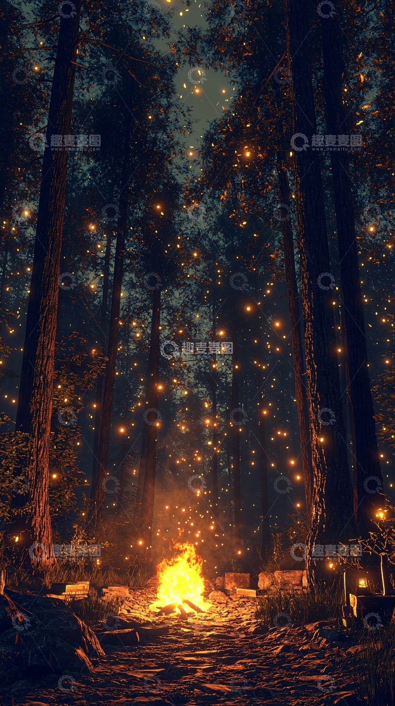 高清大图下载【趣麦麦图】萤火虫森林夜晚篝火