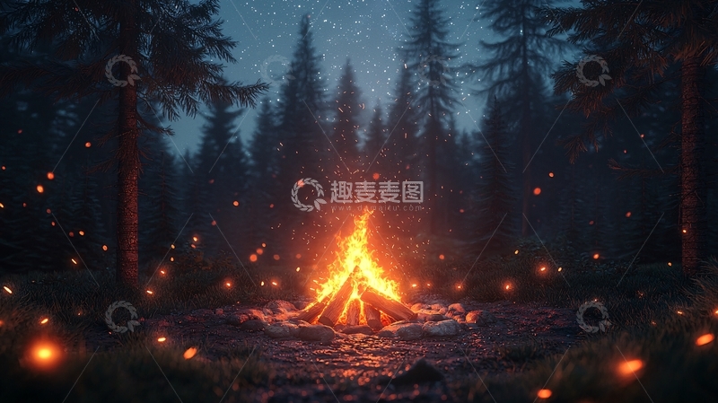 高清大图下载【趣麦麦图】夜晚森林篝火