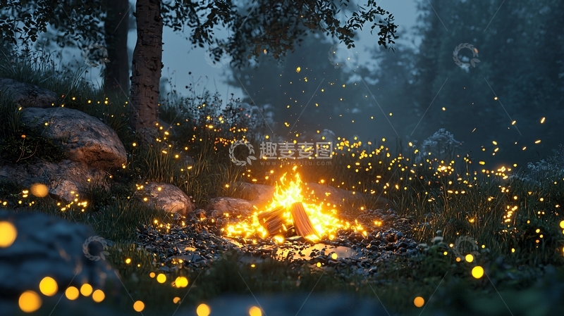高清大图下载【趣麦麦图】萤火虫环绕篝火