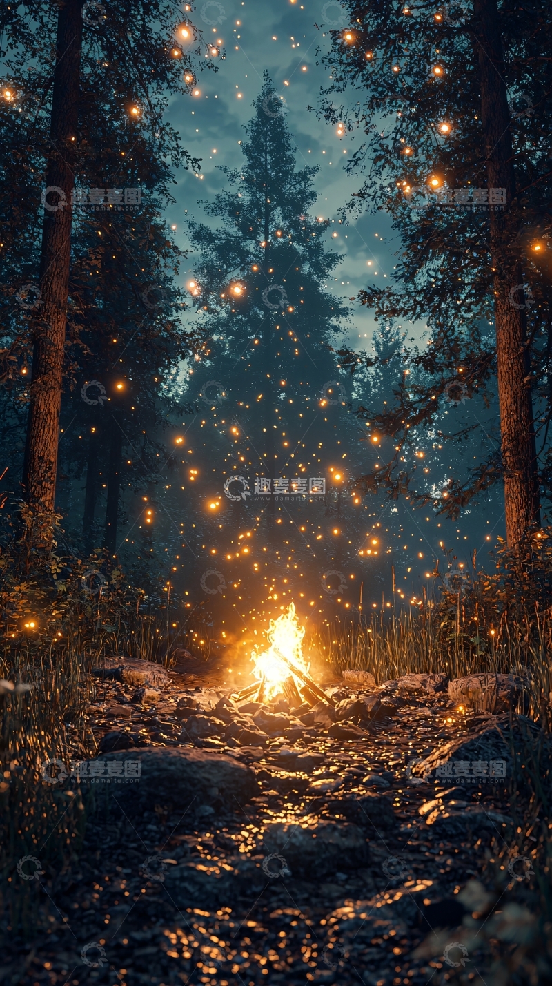 高清大图下载【趣麦麦图】萤火虫森林篝火