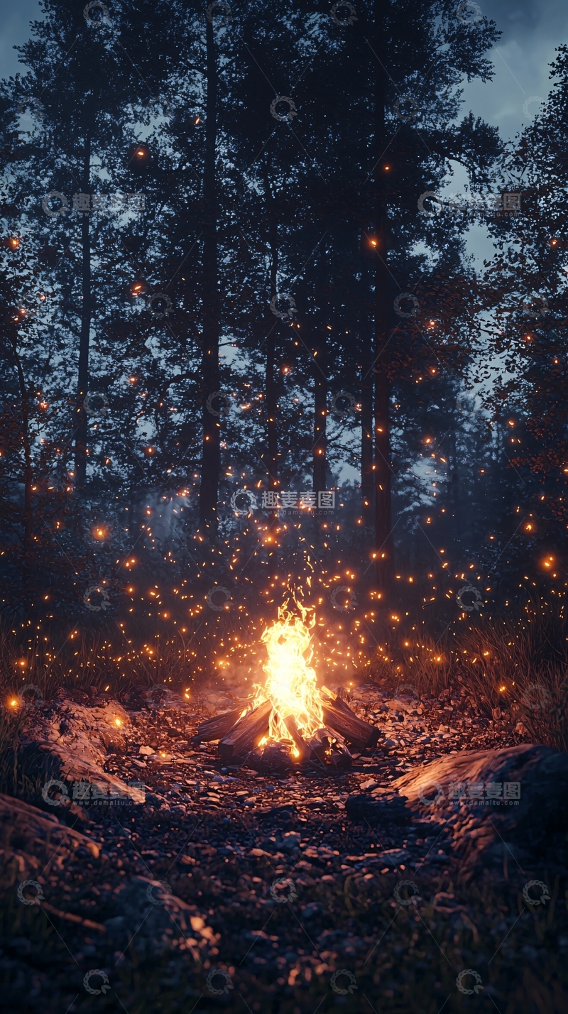 高清大图下载【趣麦麦图】萤火虫森林篝火
