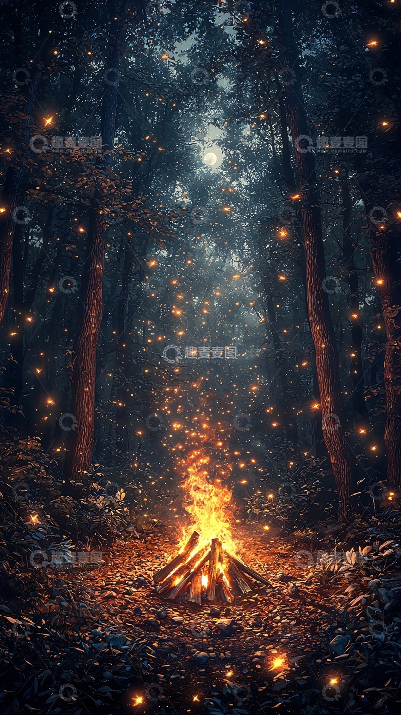 高清大图下载【趣麦麦图】萤火虫森林篝火