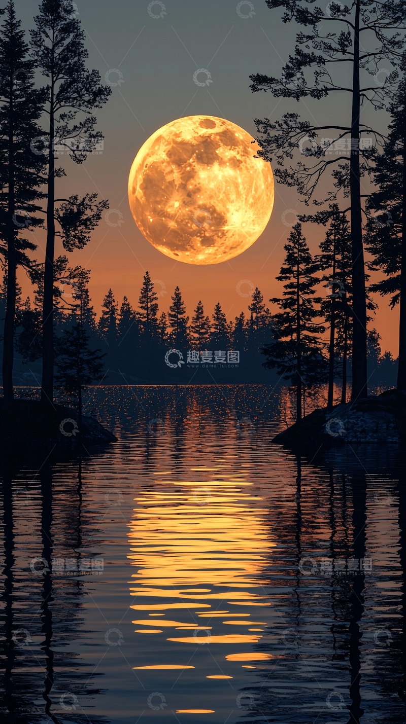 高清大图下载【趣麦麦图】森林湖泊满月