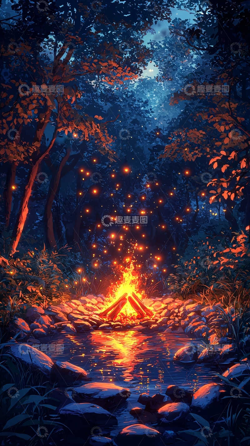 高清大图下载【趣麦麦图】夜晚森林篝火