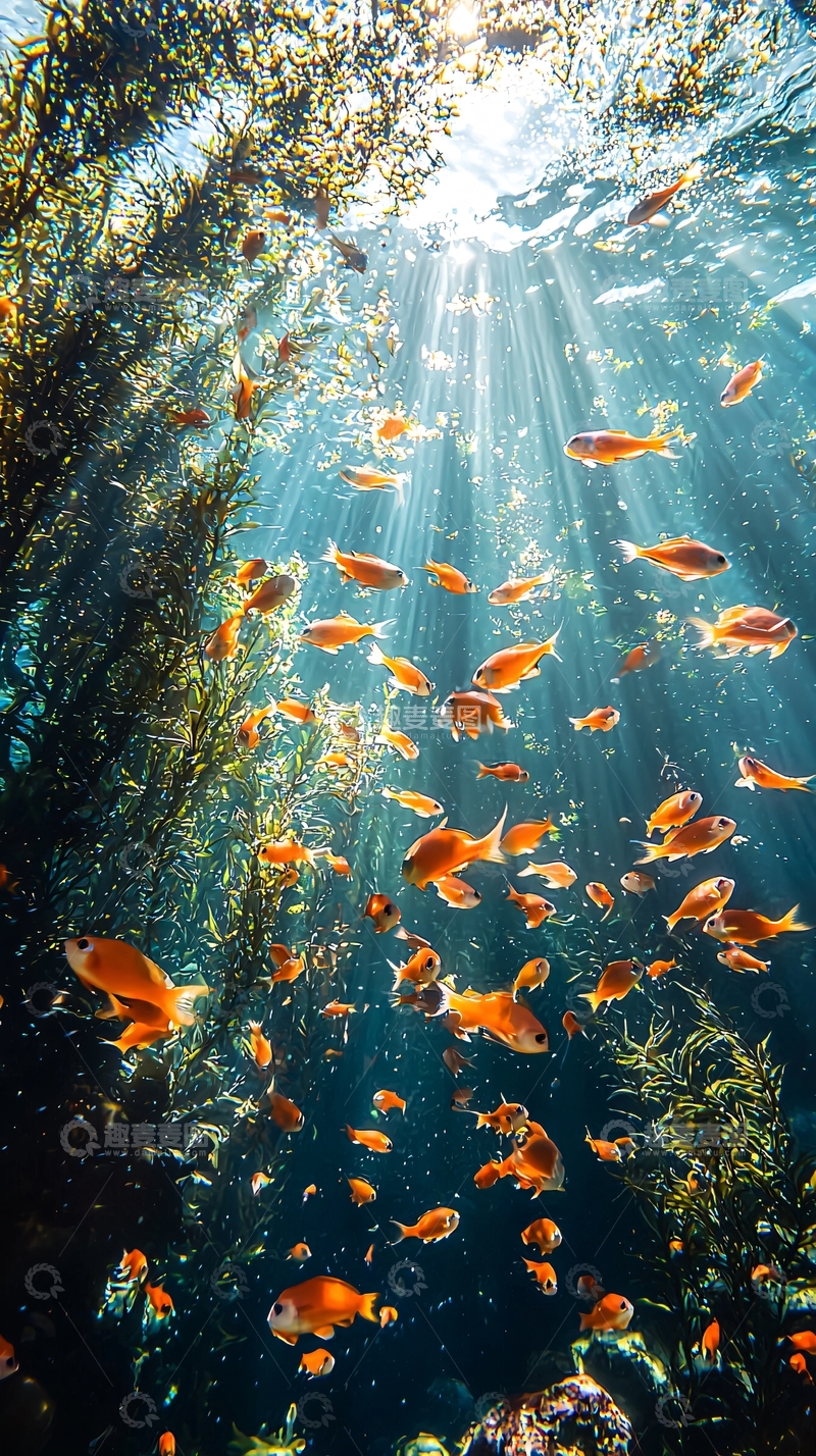 高清大图下载【趣麦麦图】水中鱼群阳光透过