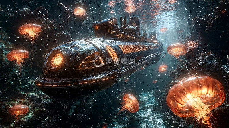 高清大图下载【趣麦麦图】深海潜艇与水母