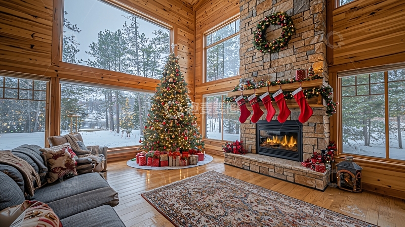 高清大图下载【趣麦麦图】冬日木屋壁炉圣诞树