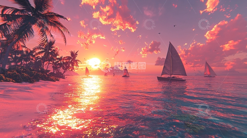 高清大图下载【趣麦麦图】粉色日落海滩帆船